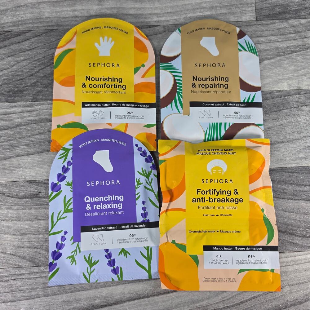 Sephora Collection Sheet Mask 4 pc Hair Foot Hand Masks Mango Coconut Lavender